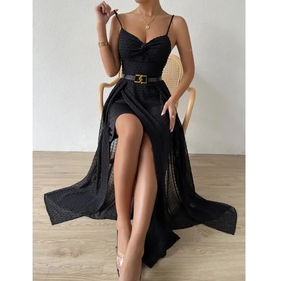 Black V-Neck Backless Maxi Dress Backless, Tie Back, Twist Front Swiss Dot - Picture 7 of 9